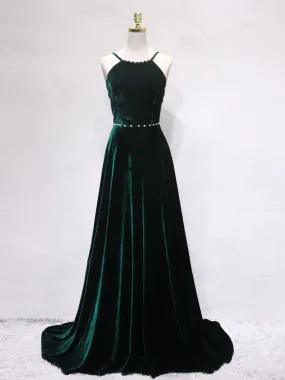 A-Line Backless Green Velvet Long Prom Dresses | Green Formal Evening Dresses