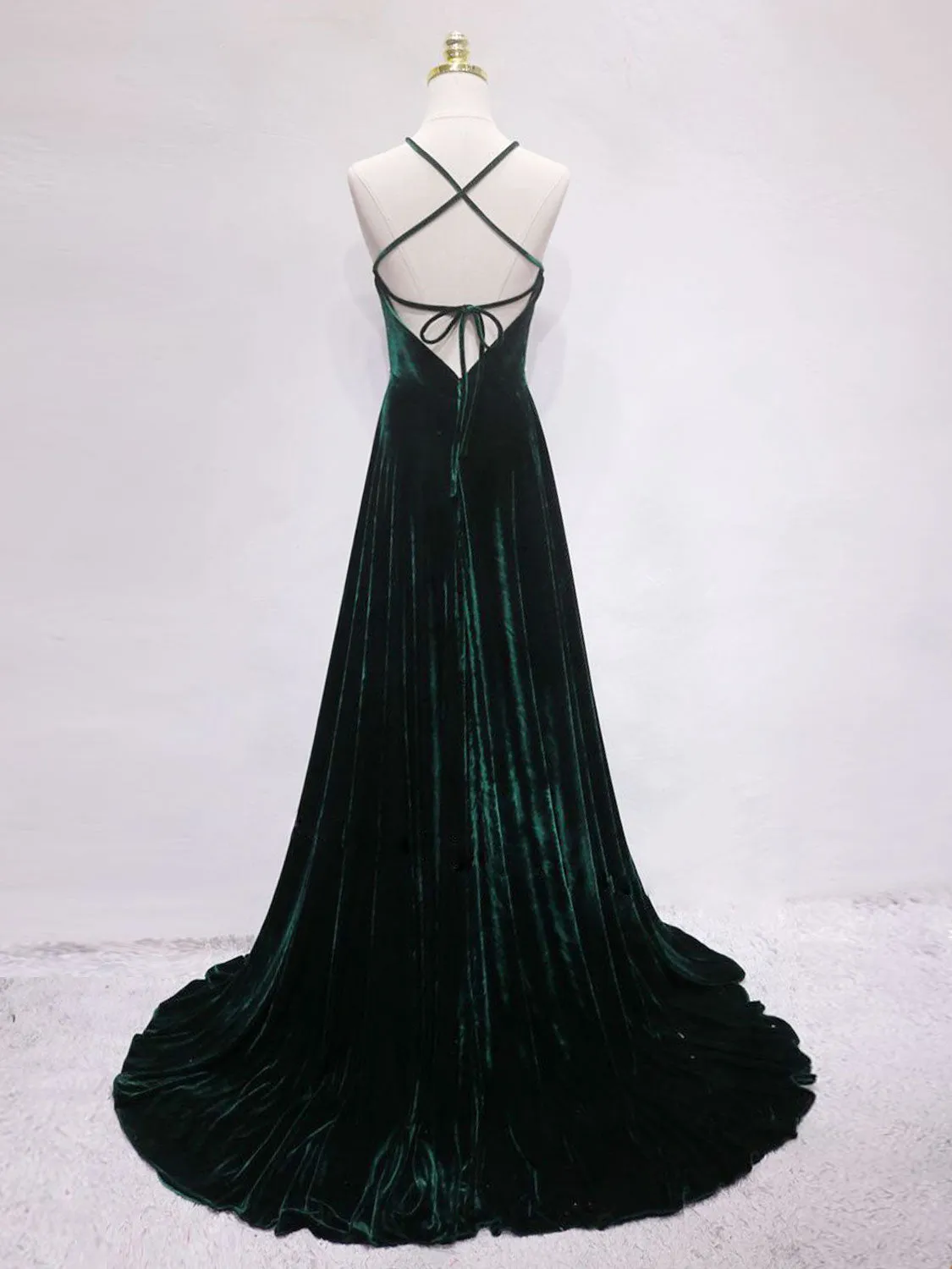 A-Line Backless Green Velvet Long Prom Dresses | Green Formal Evening Dresses