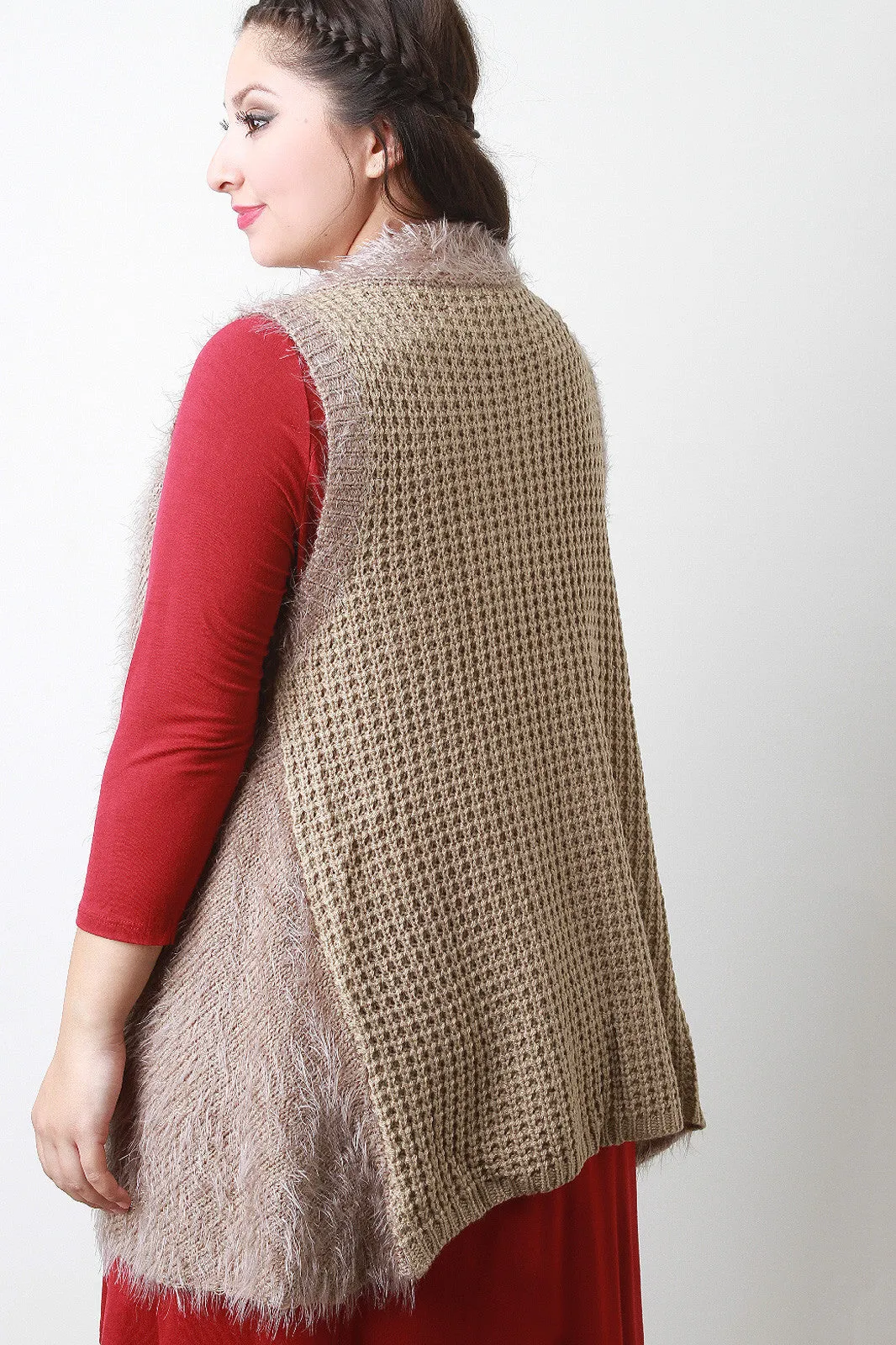 Back Contrast Knit Sleeveless Drape Faux Fur Vest