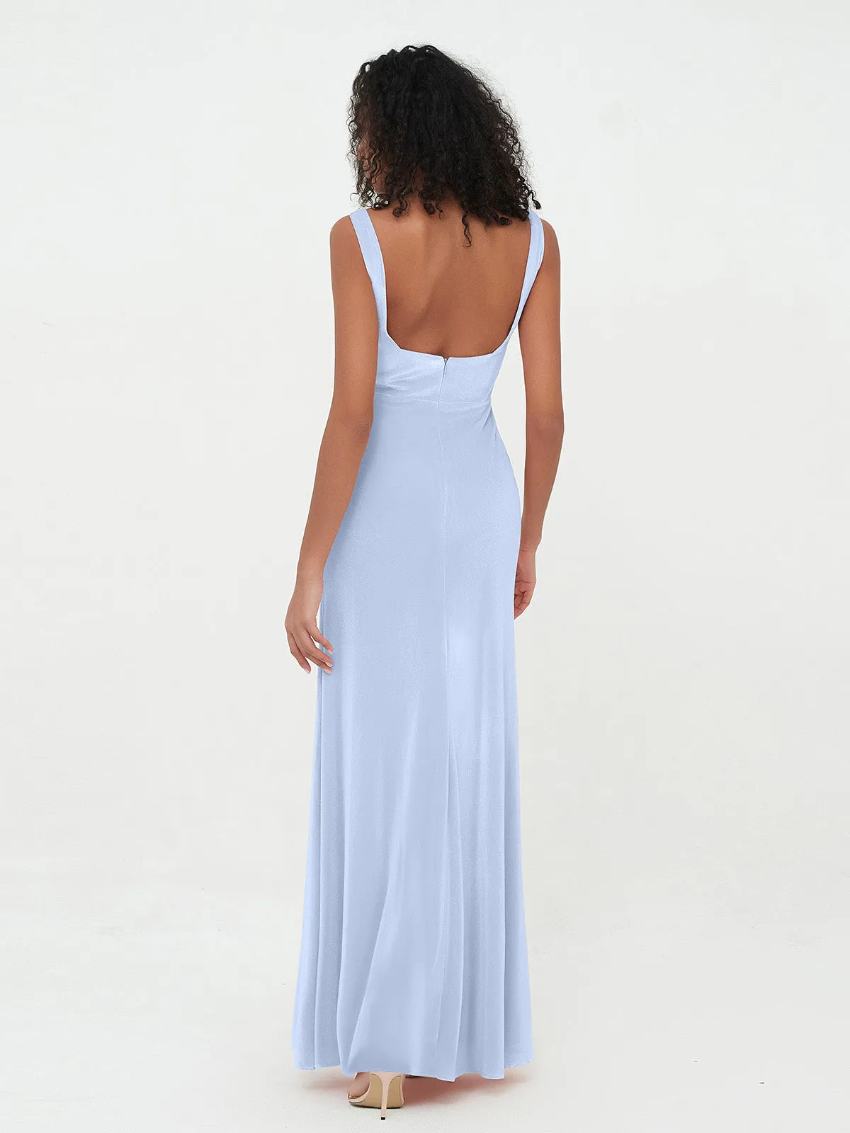 Bateau Neck Mermaid Long Velvet Dresses Sky Blue