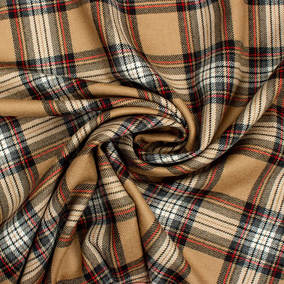 Beige, Red, Black Pure Wool Tartan