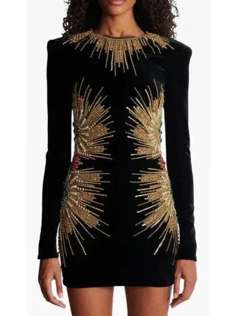 Black Velvet Dress with Pearl and Sequin Embroidery