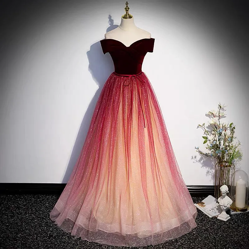 Burgundy Fairytale Off Shoulders Gradient Prom Dress