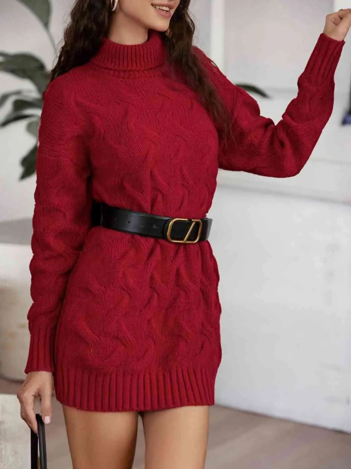 Cable-Knit Turtleneck Sweater Dress