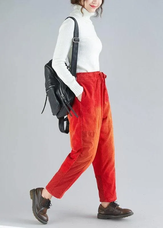 Casual Red retro Colorblock Tie Waist Fall Corduroy Pants