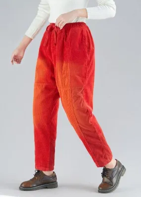 Casual Red retro Colorblock Tie Waist Fall Corduroy Pants