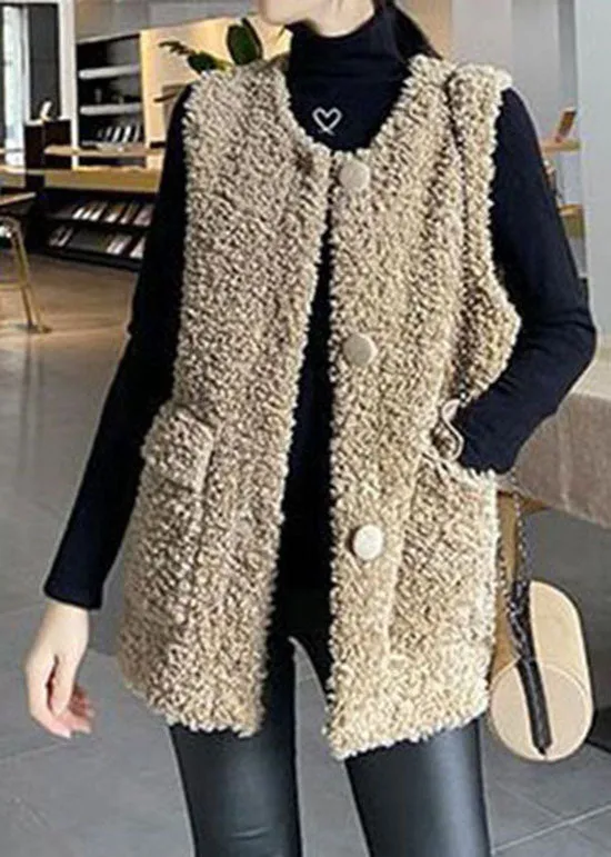 Classy Khaki Button Pockets Faux Fur Winter Vest