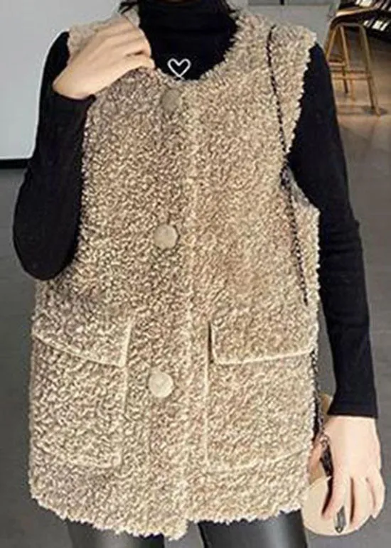 Classy Khaki Button Pockets Faux Fur Winter Vest