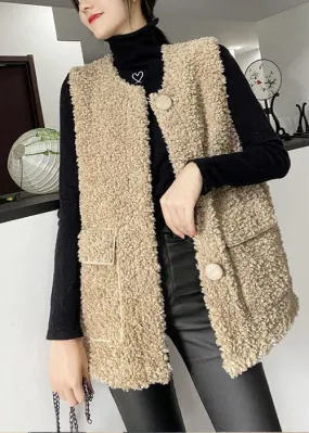 Classy Khaki Button Pockets Faux Fur Winter Vest