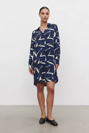 DACEY PRINTED ROYAL CREPE LONG SLEEVE DRESS