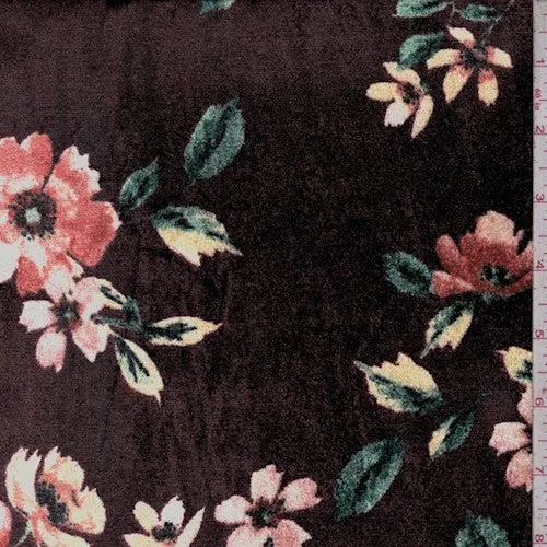 Deep Brown/Multi Floral Printed Stretch Velvet Knit Fabric