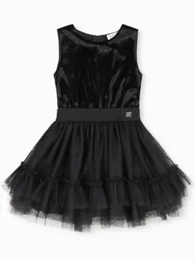 Deux par Deux Bi-Material Sleeveless Velvet Dress With Tulle Skirt Black Girls 6-12