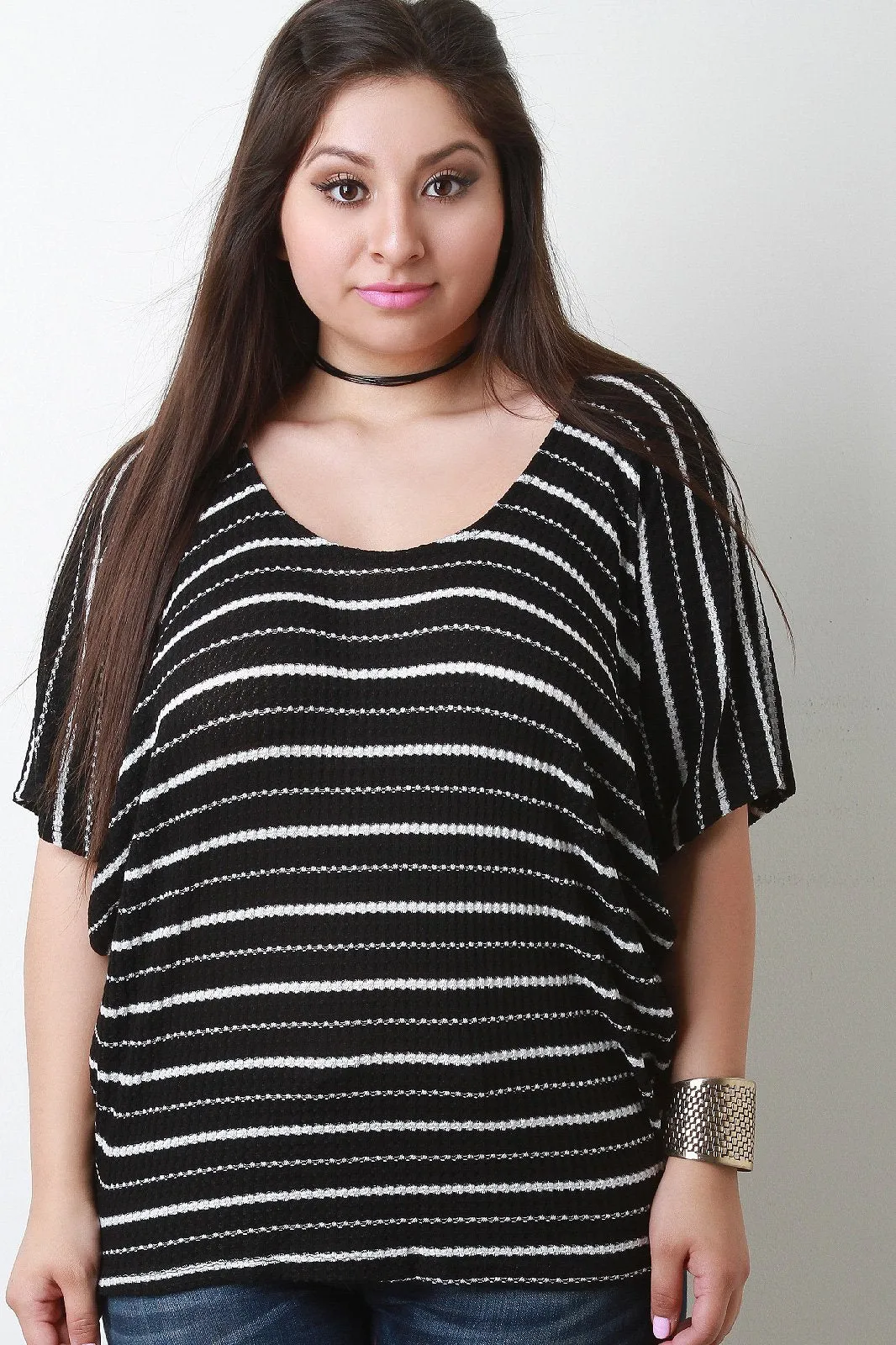 Dolman Sleeve Thermal Knit Striped Top