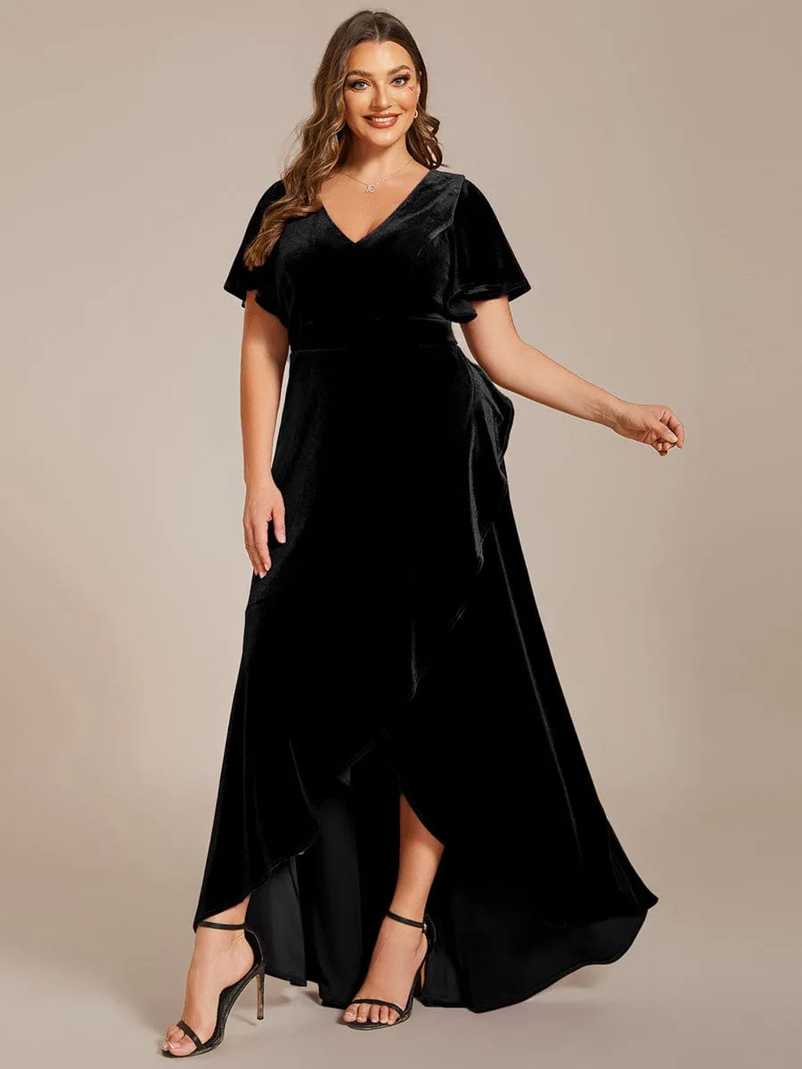 Double V-Neck Short Sleeves Stretchy Velvet Evening Dress with Lotus Leaf Hem