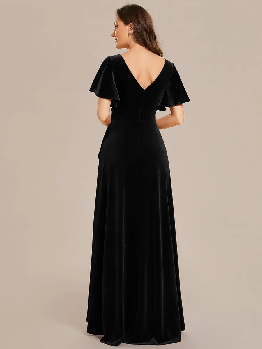 Double V-Neck Short Sleeves Stretchy Velvet Evening Dress with Lotus Leaf Hem