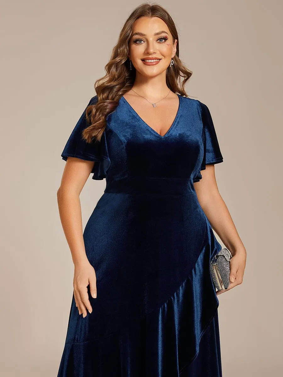 Double V-Neck Short Sleeves Stretchy Velvet Evening Dress with Lotus Leaf Hem