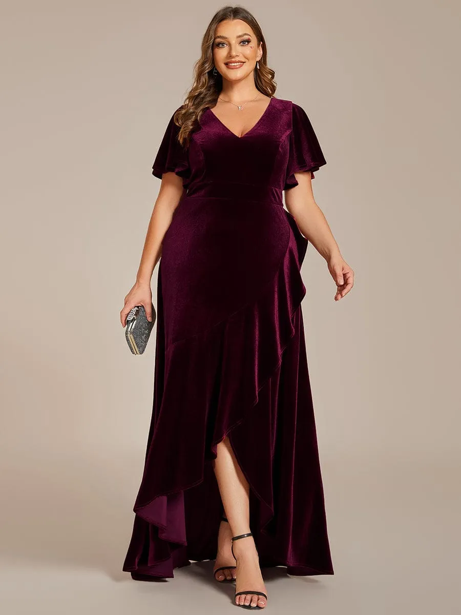 Double V-Neck Short Sleeves Stretchy Velvet Evening Dress with Lotus Leaf Hem