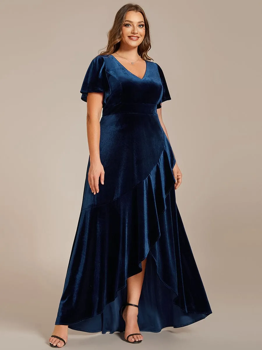 Double V-Neck Short Sleeves Stretchy Velvet Evening Dress with Lotus Leaf Hem