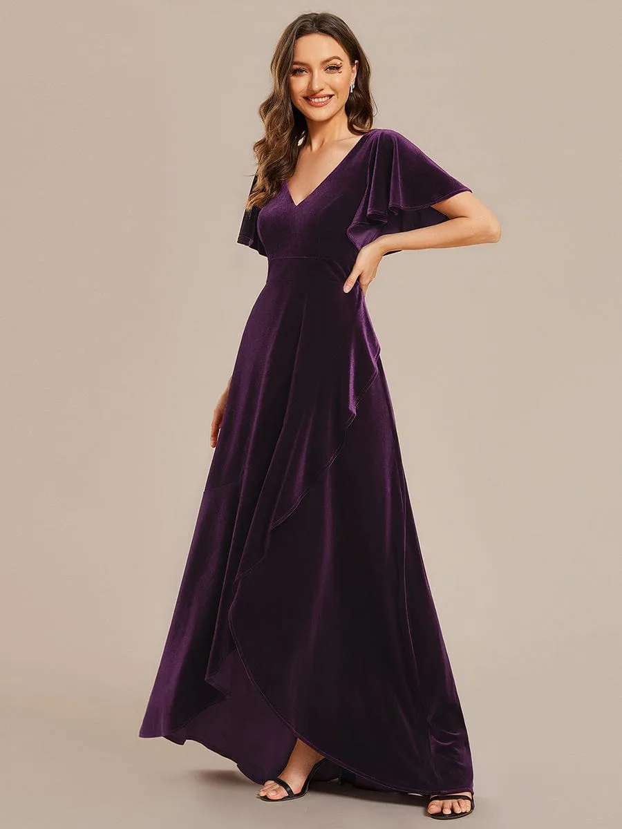 Double V-Neck Short Sleeves Stretchy Velvet Evening Dress with Lotus Leaf Hem