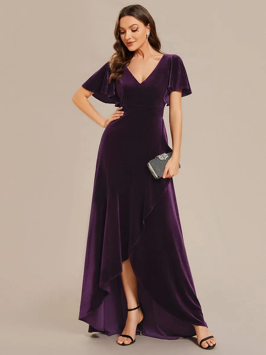 Double V-Neck Short Sleeves Stretchy Velvet Evening Dress with Lotus Leaf Hem