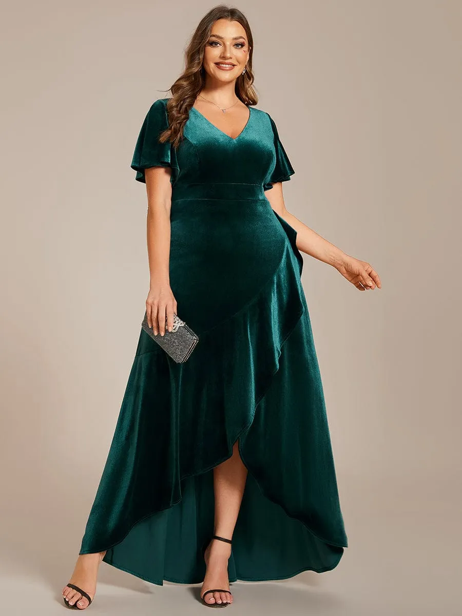 Double V-Neck Short Sleeves Stretchy Velvet Evening Dress with Lotus Leaf Hem