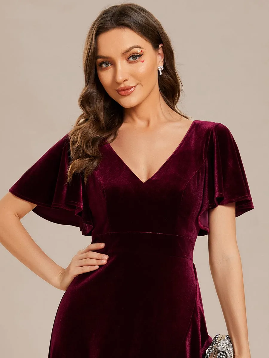 Double V-Neck Short Sleeves Stretchy Velvet Evening Dress with Lotus Leaf Hem