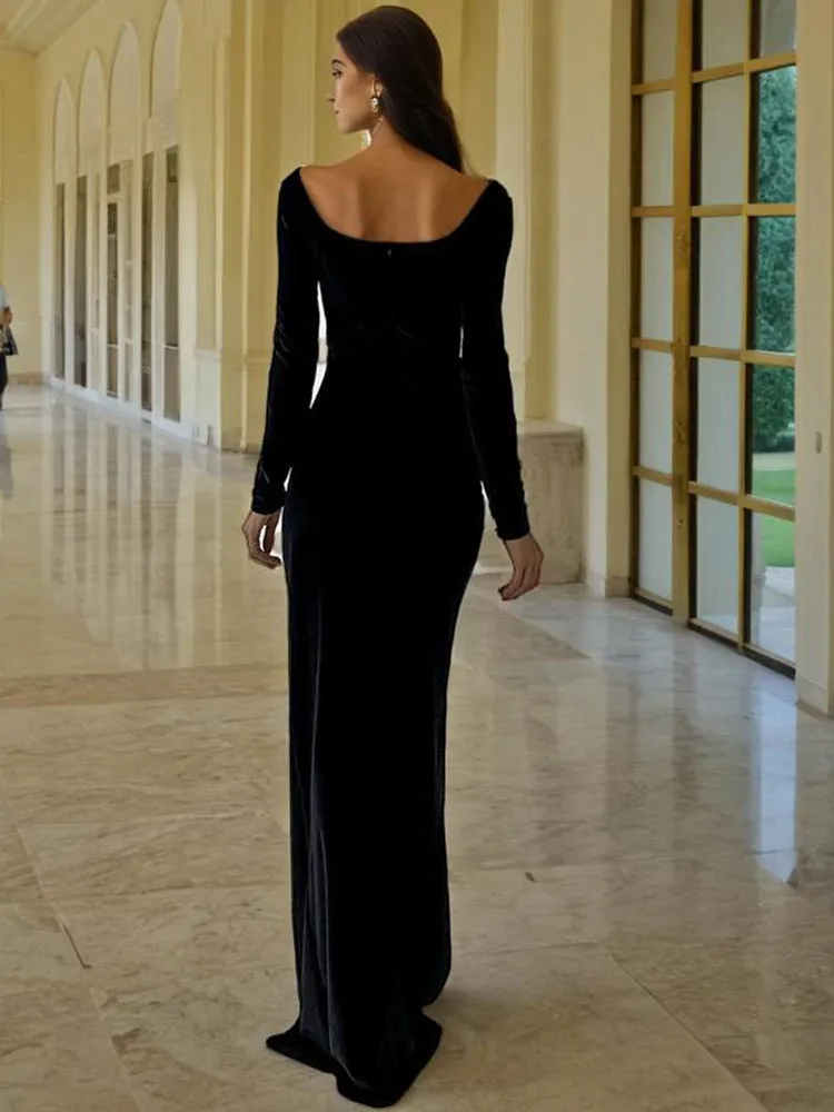 Elegant Black Velvet Long Sleeves Mermaid Prom Dresses with Slit