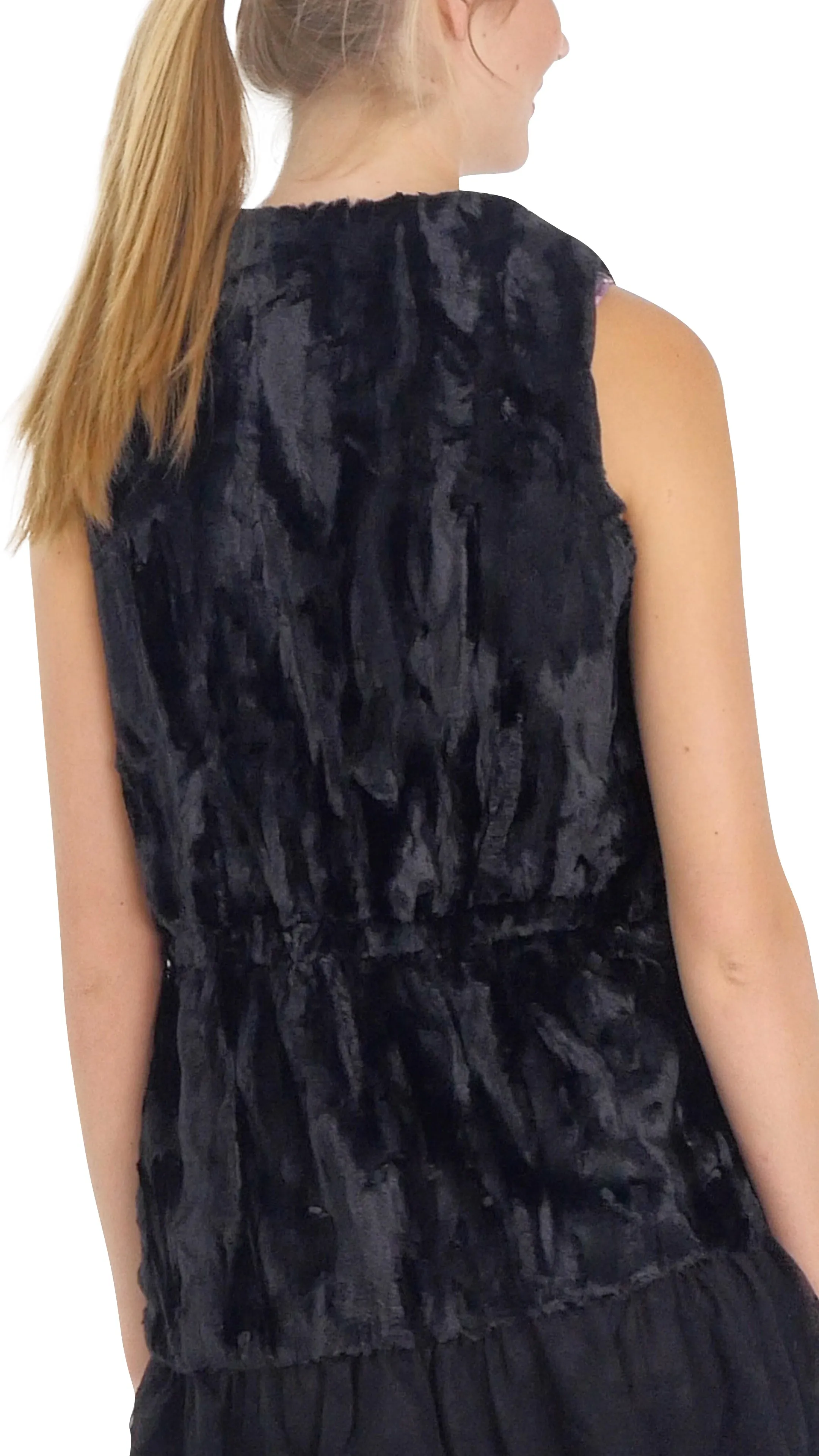 Faux Fur Open Vest with Lace Trim