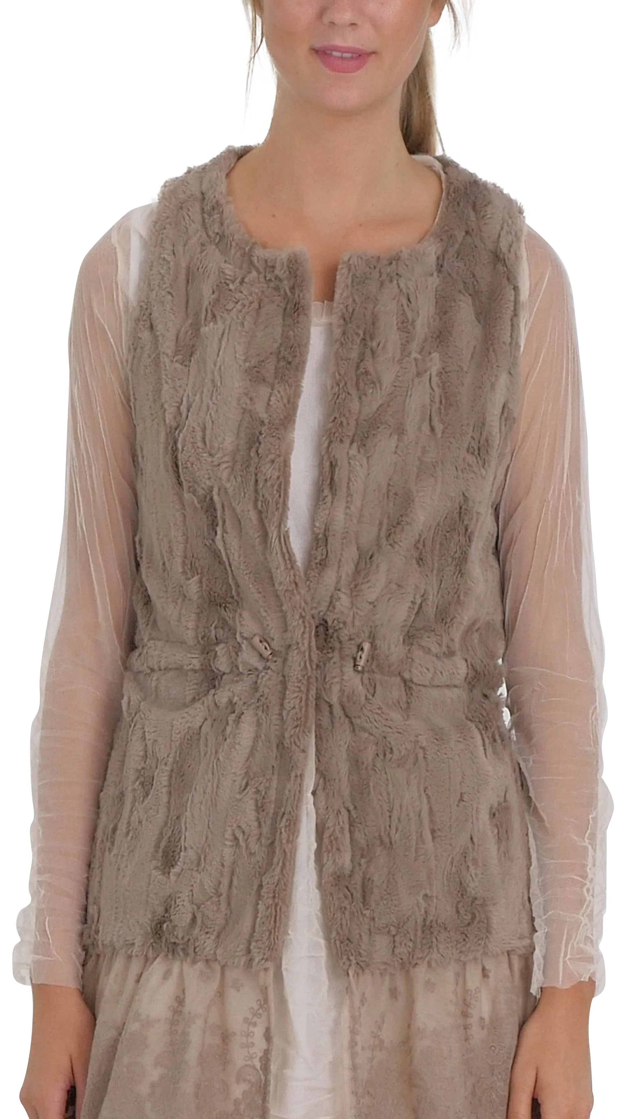 Faux Fur Open Vest with Lace Trim