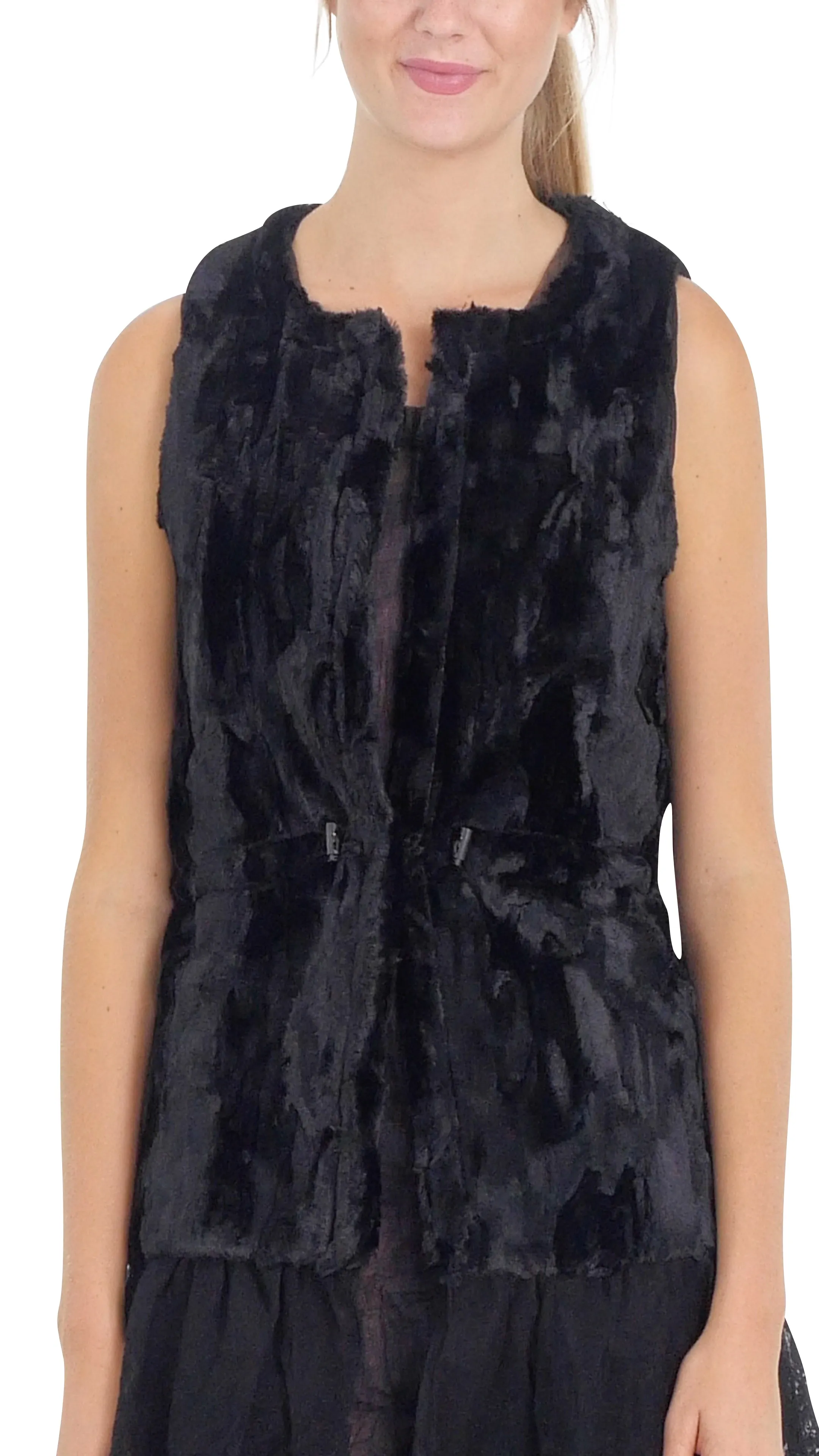 Faux Fur Open Vest with Lace Trim