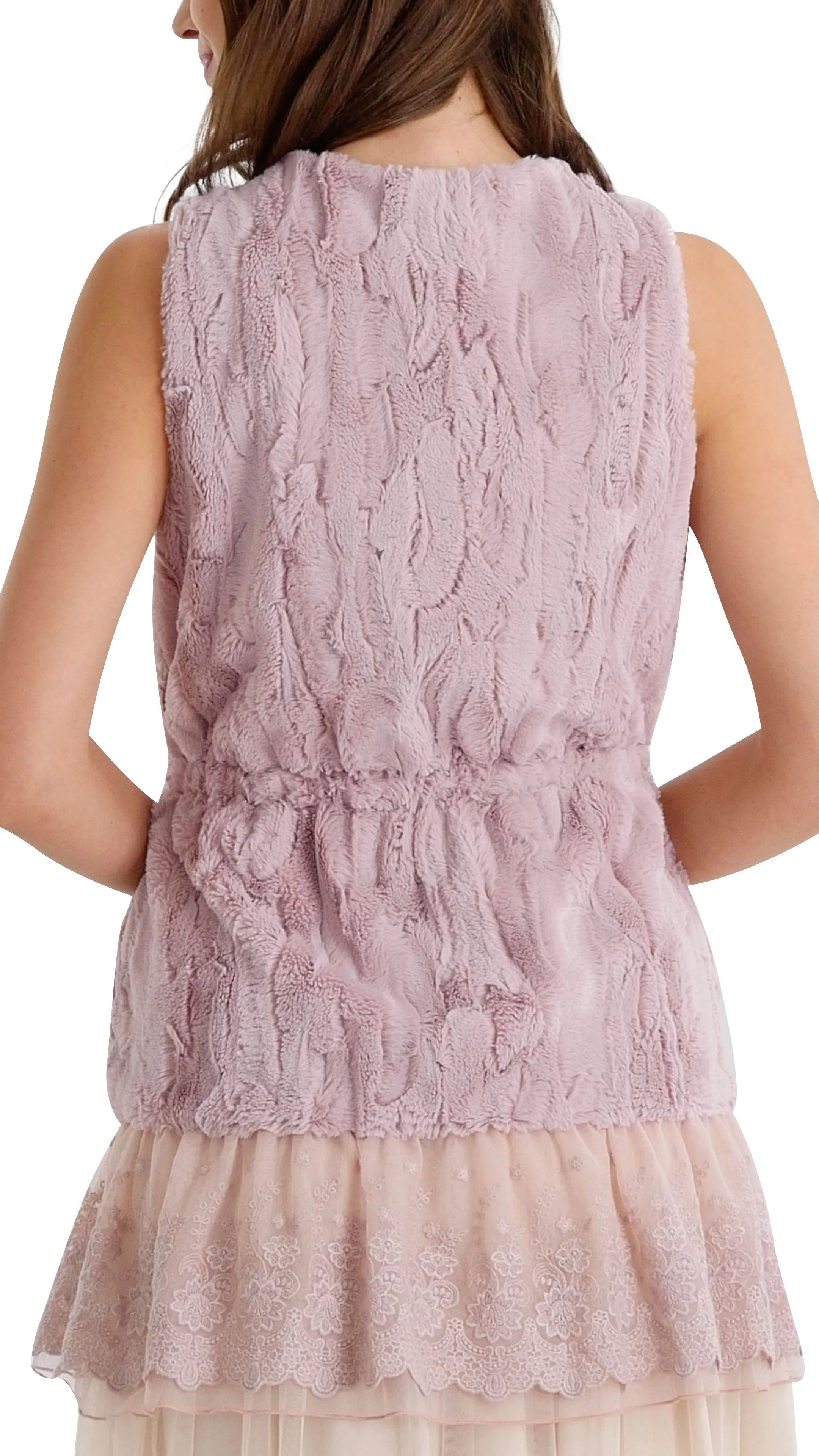 Faux Fur Open Vest with Lace Trim