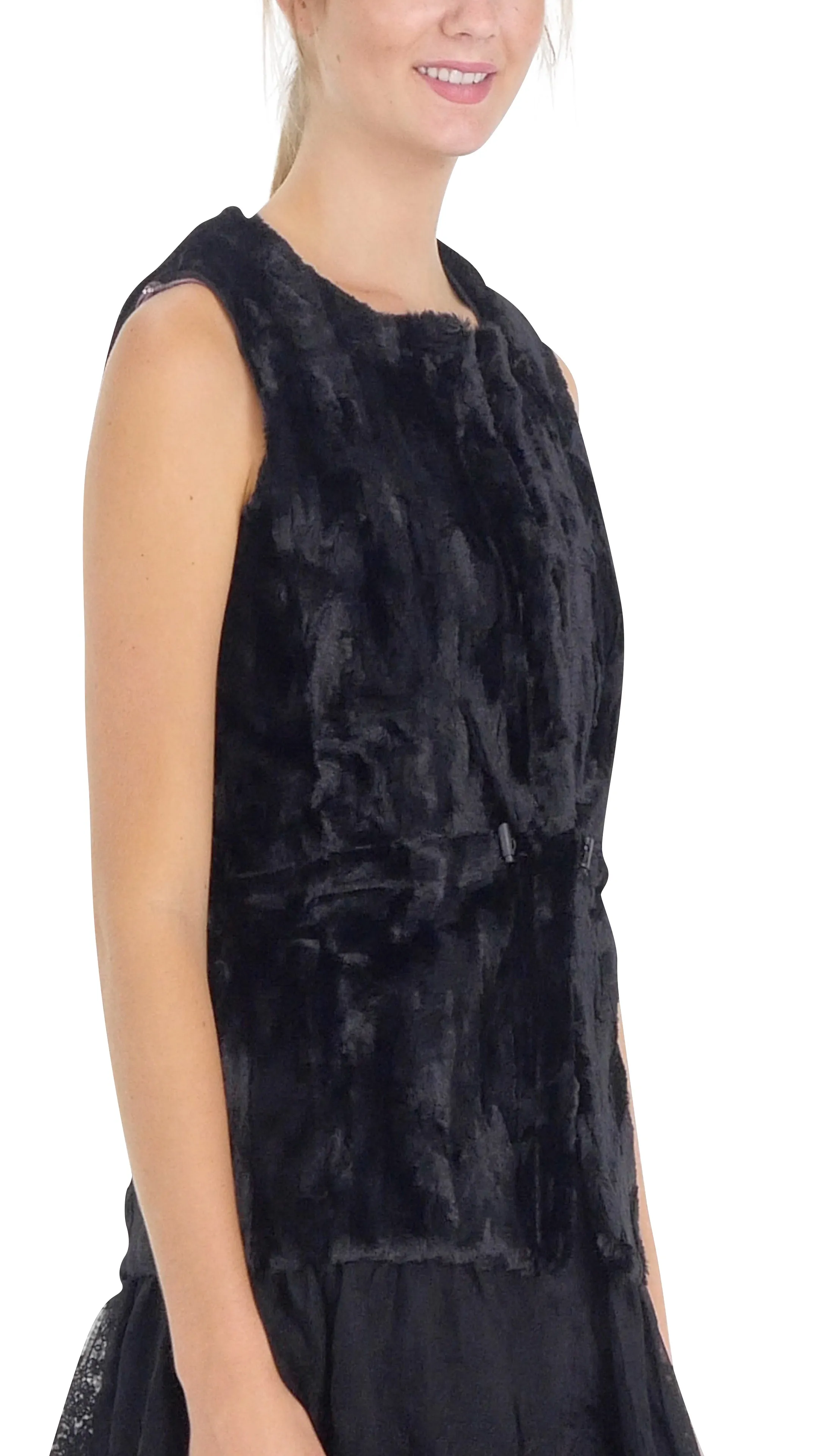 Faux Fur Open Vest with Lace Trim