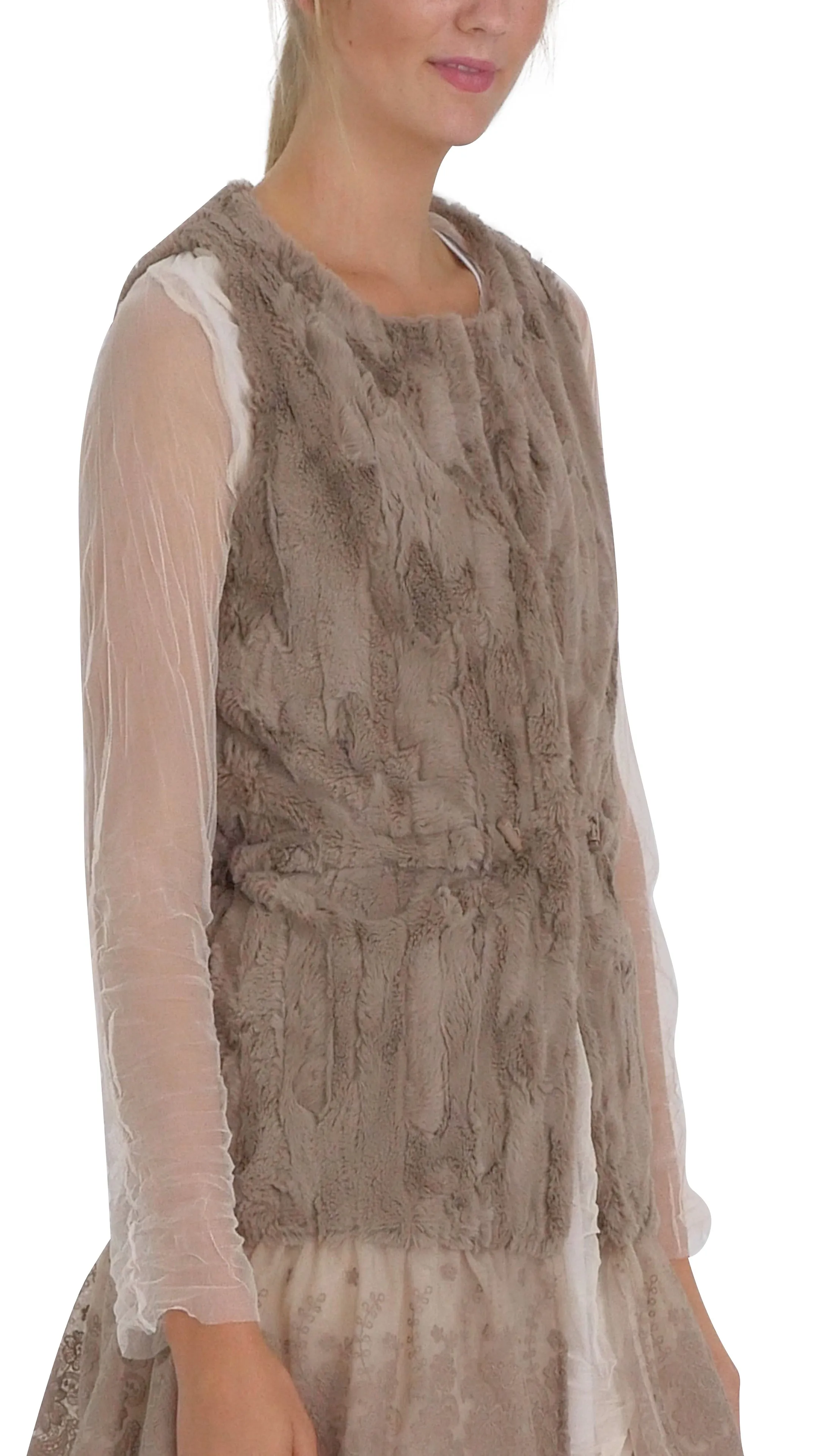 Faux Fur Open Vest with Lace Trim