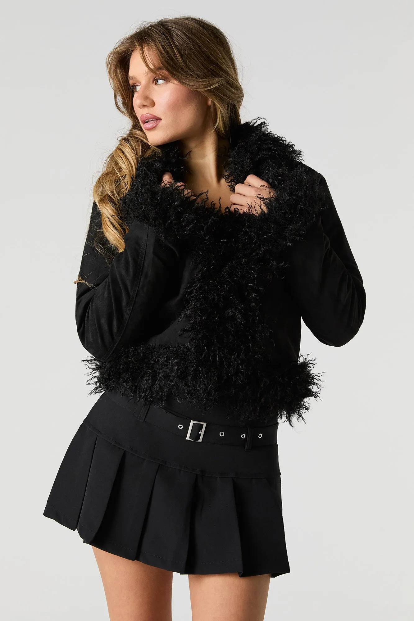 Faux Suede Faux Fur Trim Jacket