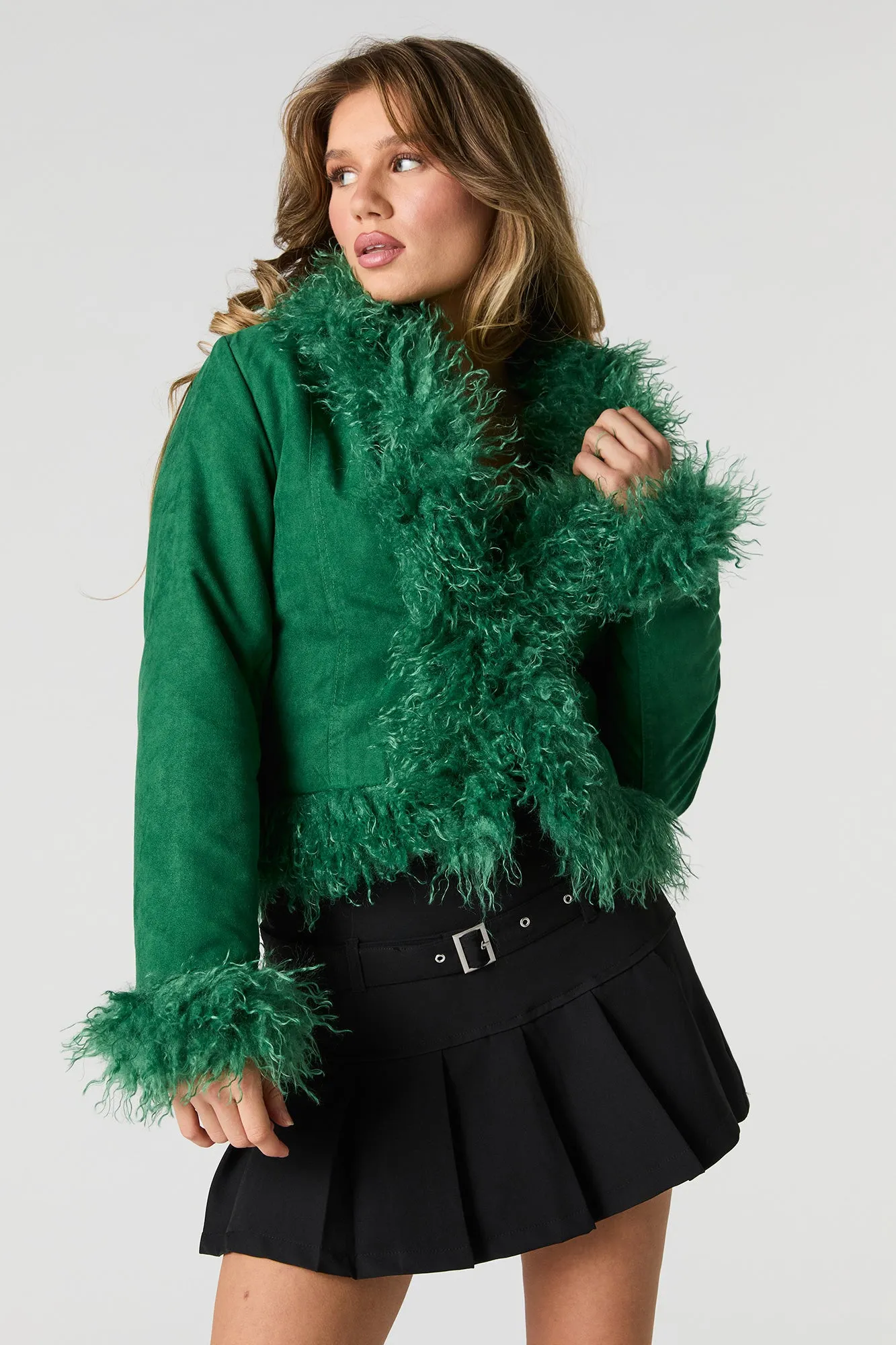 Faux Suede Faux Fur Trim Jacket