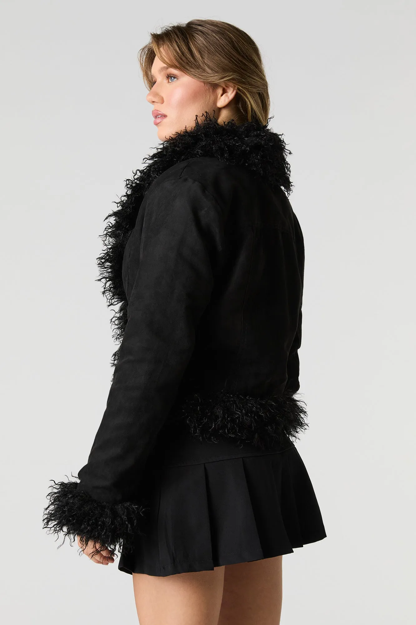 Faux Suede Faux Fur Trim Jacket