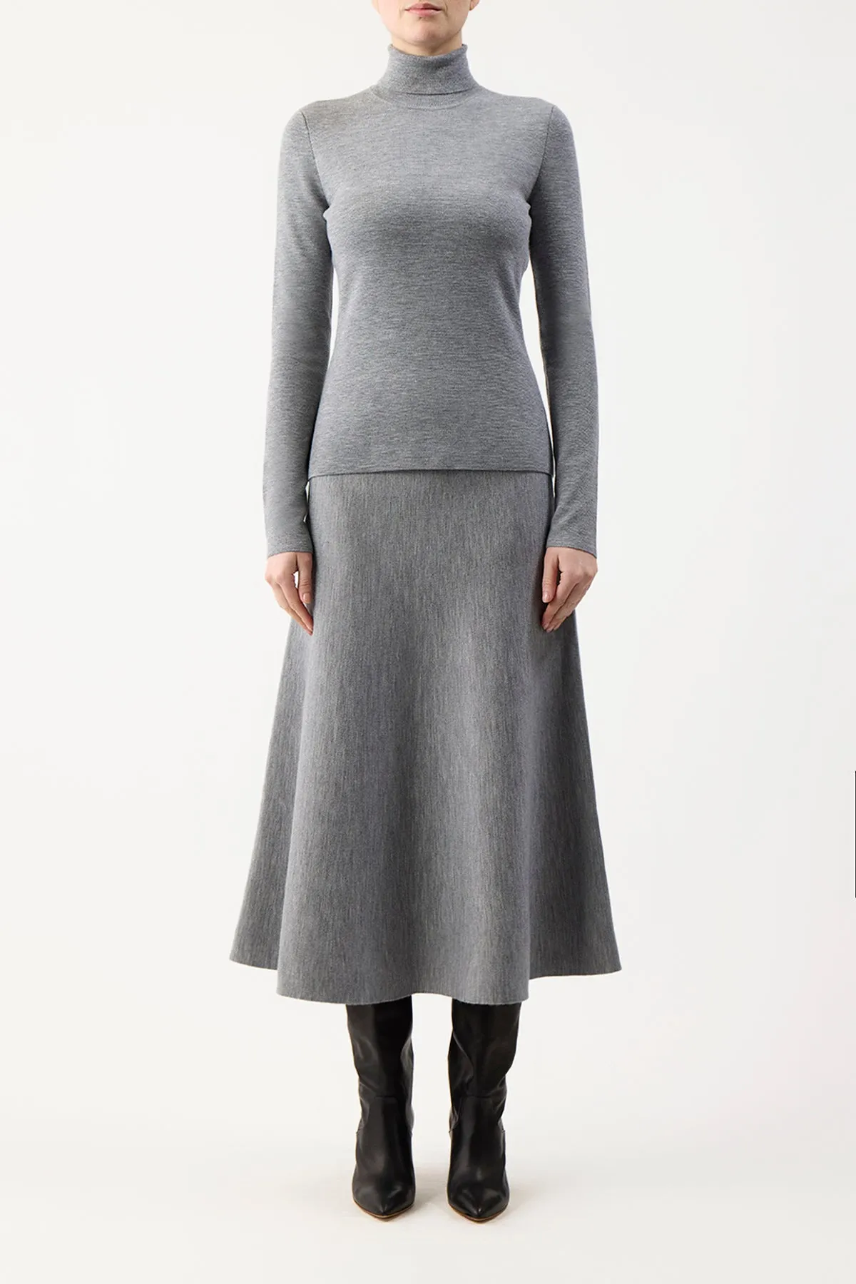 Freddie Knit Midi Skirt in Heather Grey Merino Wool Cashmere