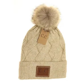 Geometric Knit Faux Fur Pom Beanie Beige