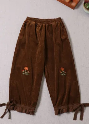 Handmade Chocolate Embroideried Lace Patchwork Corduroy Pants Winter