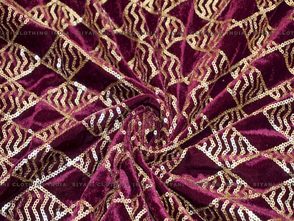 Magenta Sequins Geomatric Pattern Embroidered Velvet Fabric