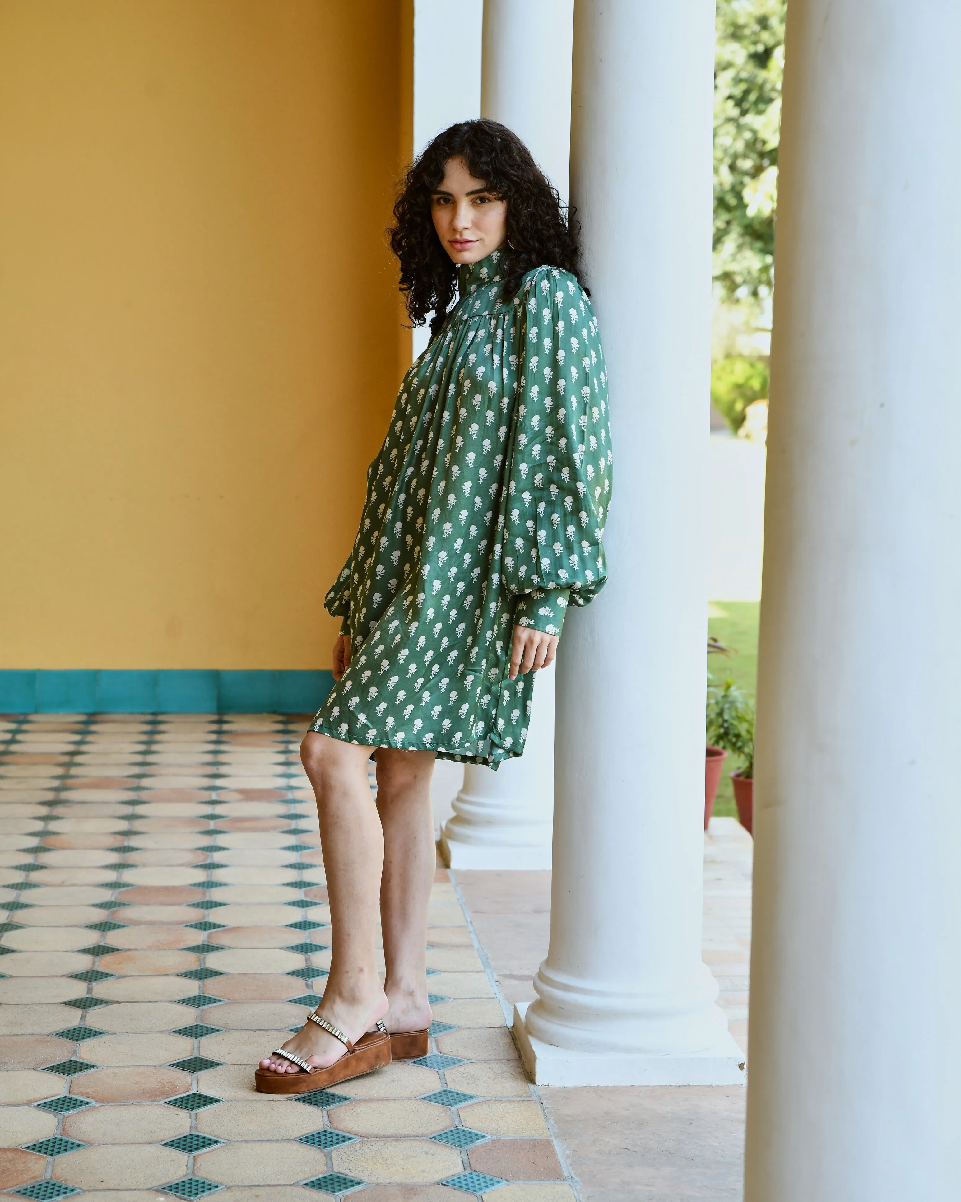 MAGNOLIA GREEN PRINTED TURTLENECK DRESS