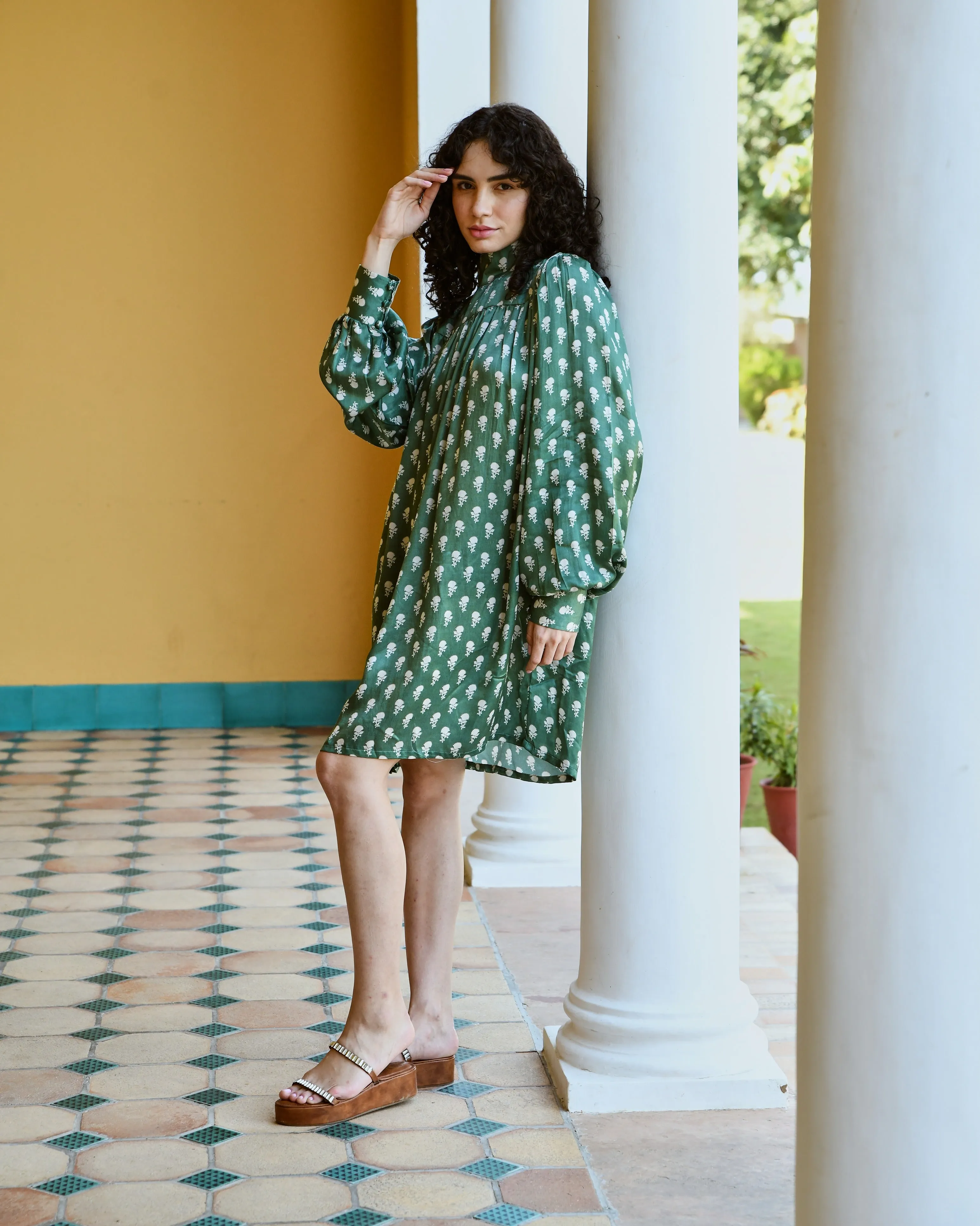 MAGNOLIA GREEN PRINTED TURTLENECK DRESS