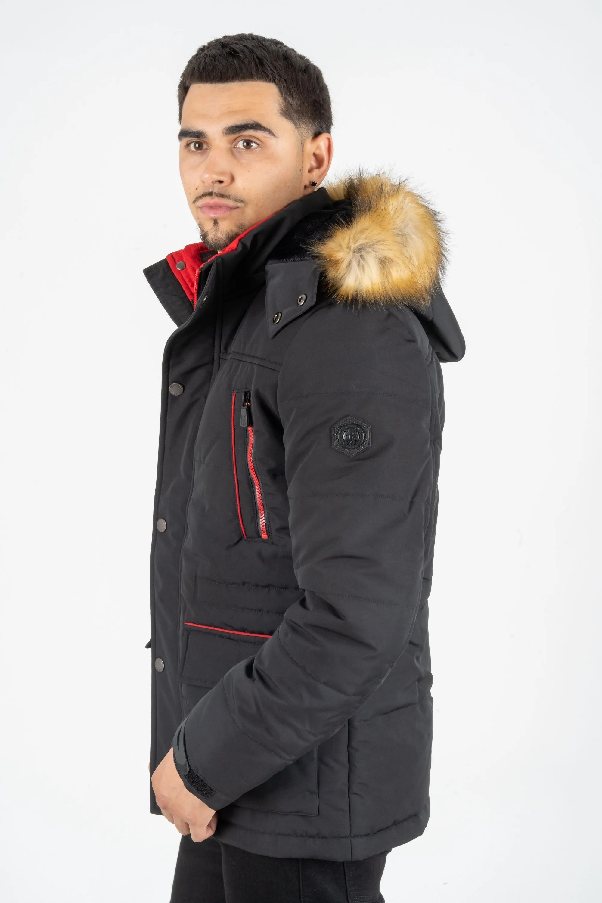 MEN'S 3/4 WINTER JACKET WITH FAUX FUR TRIMMED HOOD IN BLACK | JKT7984