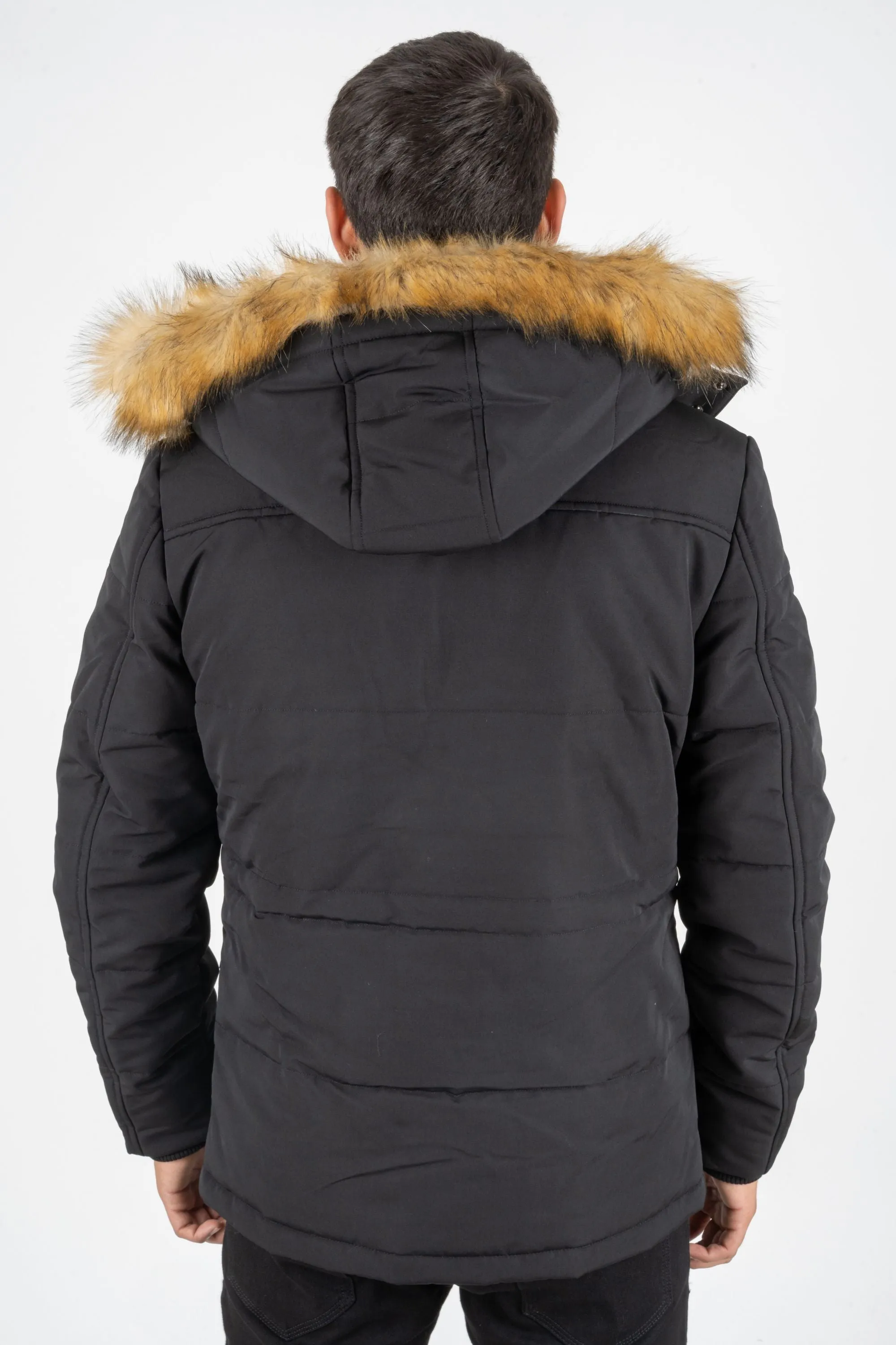 MEN'S 3/4 WINTER JACKET WITH FAUX FUR TRIMMED HOOD IN BLACK | JKT7984