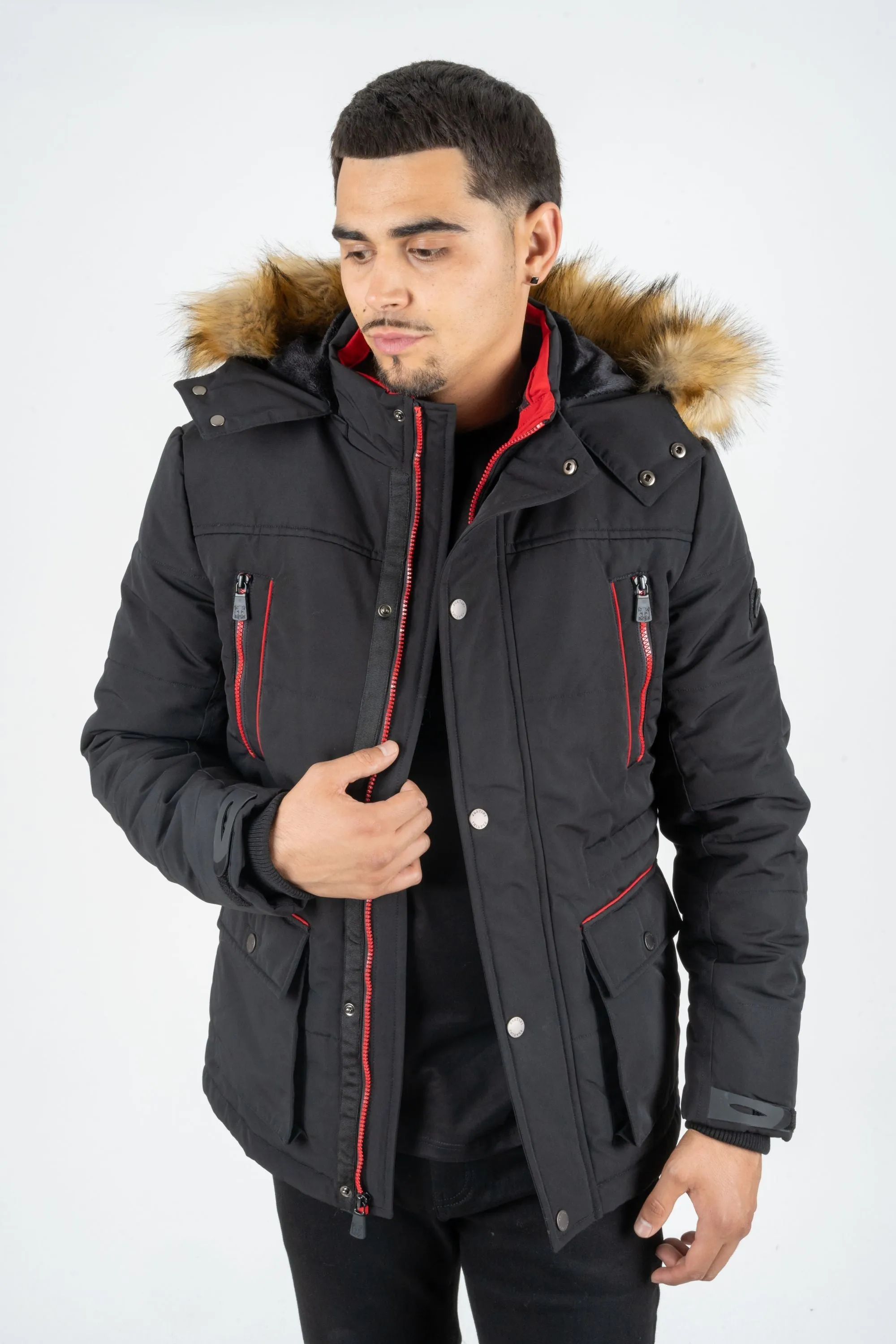 MEN'S 3/4 WINTER JACKET WITH FAUX FUR TRIMMED HOOD IN BLACK | JKT7984