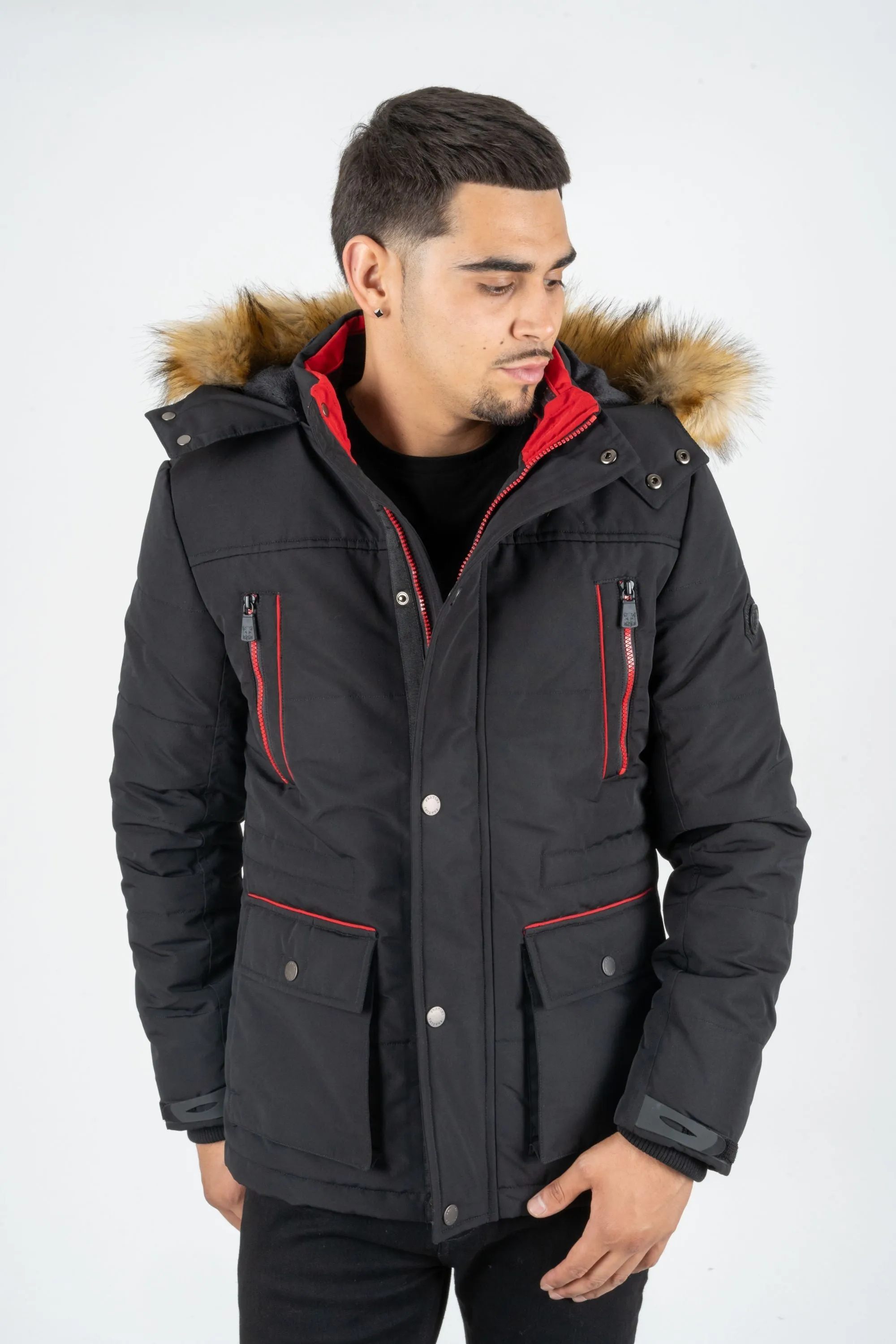 MEN'S 3/4 WINTER JACKET WITH FAUX FUR TRIMMED HOOD IN BLACK | JKT7984