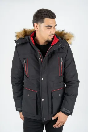 MEN'S 3/4 WINTER JACKET WITH FAUX FUR TRIMMED HOOD IN BLACK | JKT7984