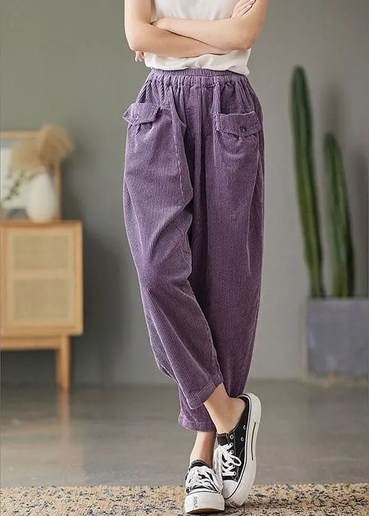 Natural Purple retro Pockets Corduroy Fall Pants