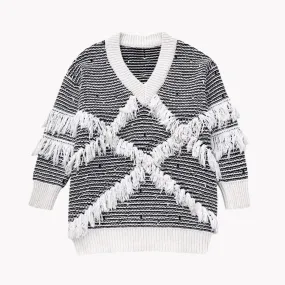 Pre Order:  Black and White Fringed Knit Sweater