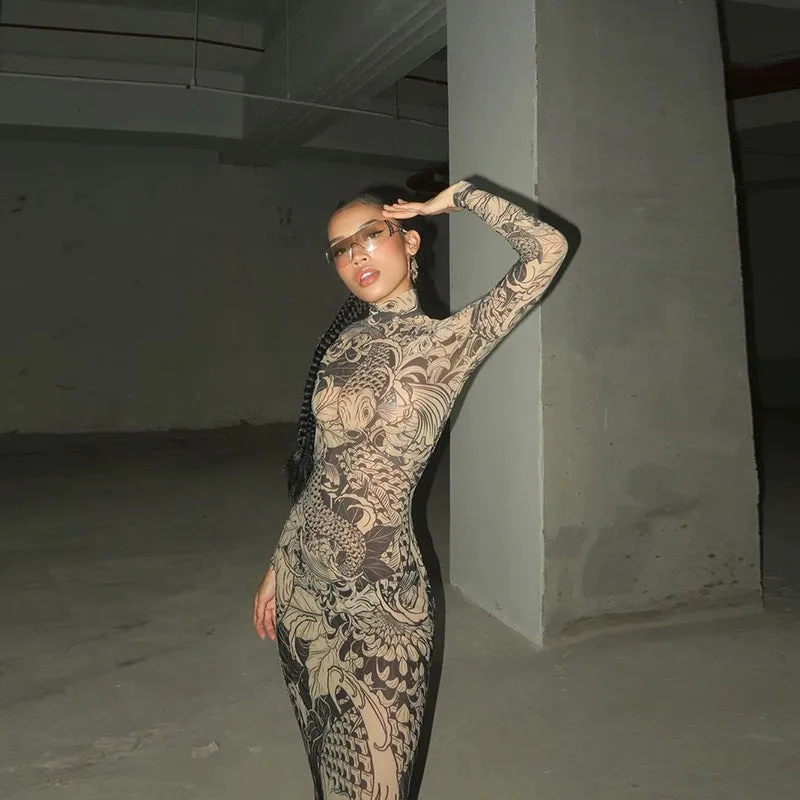 Print See-through Turtleneck Slim Fit Dress Mesh